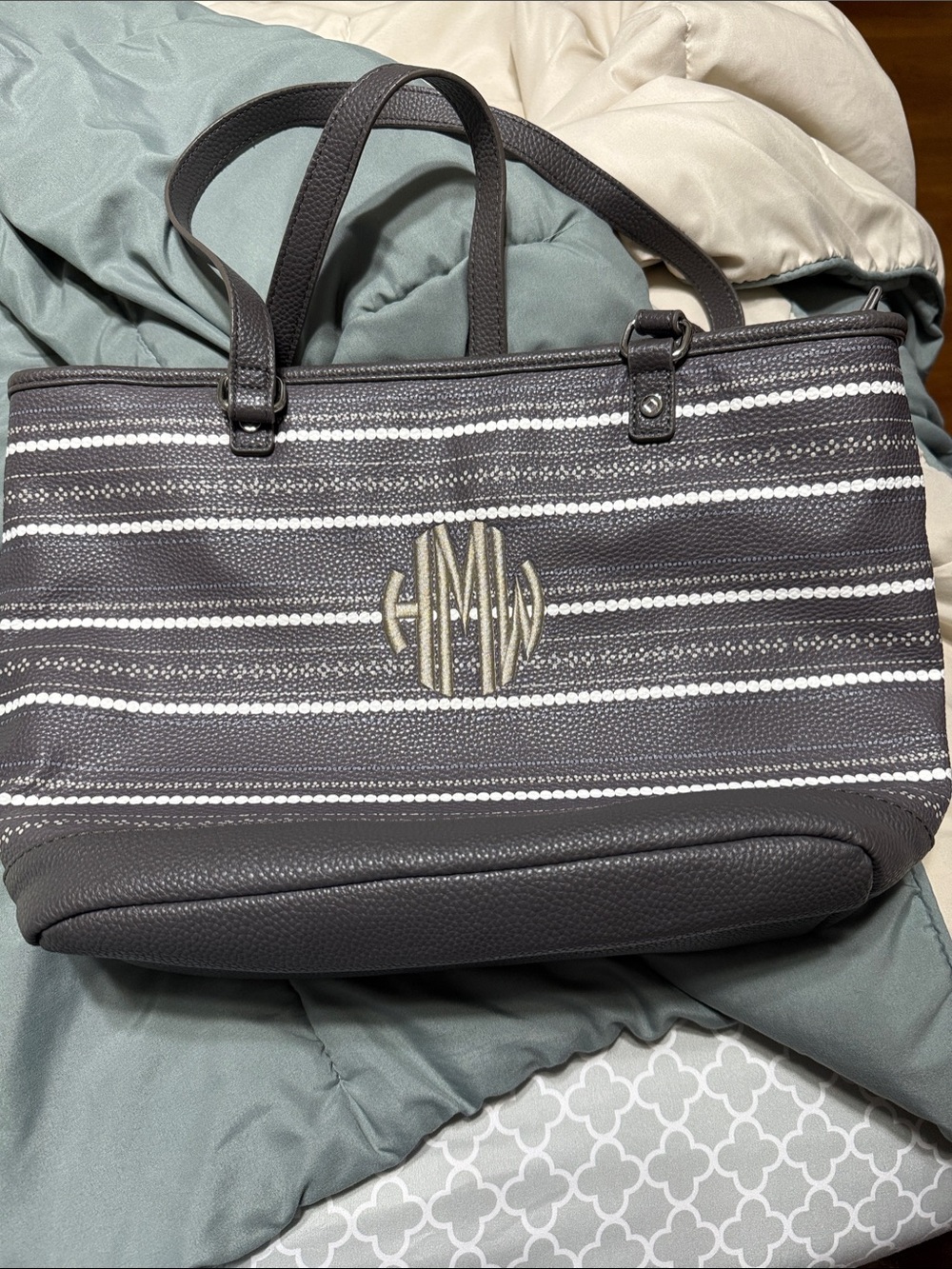 thirty-one Charcoal Gray Striped Tote with Monogram HMW